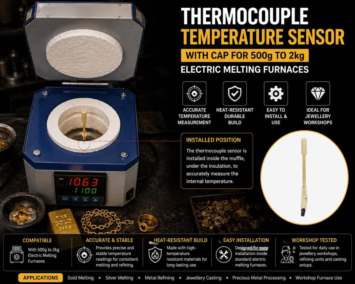 Johnson Tools Long Thermo Cuple Sensor for Italian Model Electronic Melting Furnaces (With Cap)