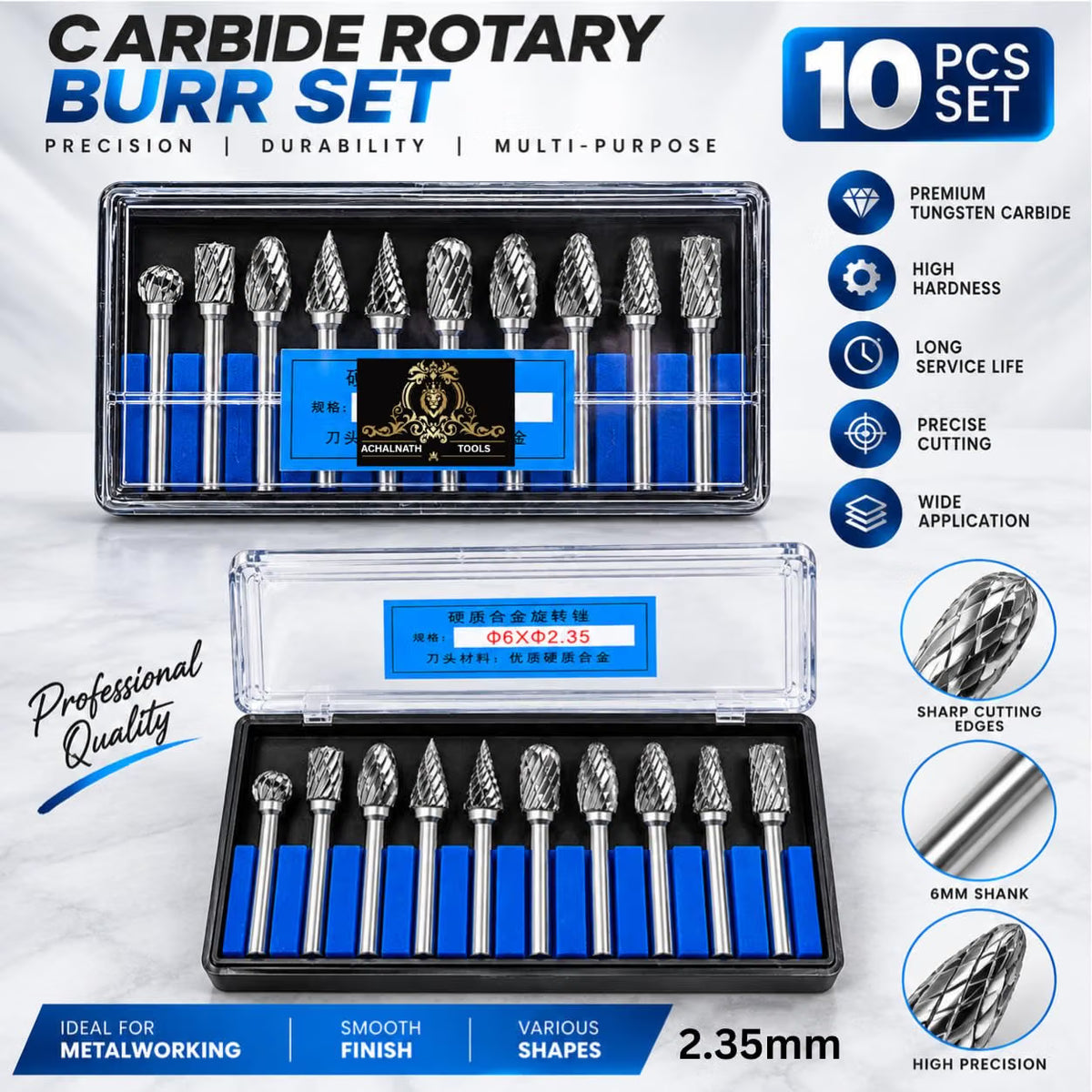 Johnson Tools Carbide Drill Bits/Burs (2.35X2.35mm) for Jewellery Making, Dental Grinding, Carving or Other Multi purpose Works (Set of 10 Bits)