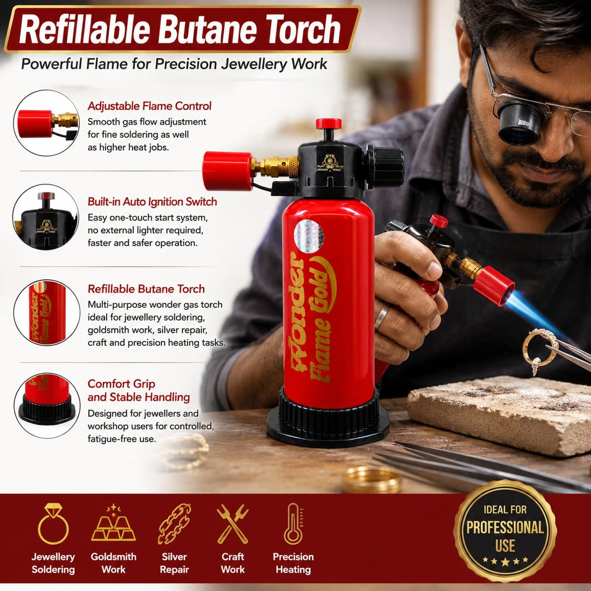 Johnson Tools Wonder Refillable Butane Torch with Adjustable Flame, Piezo Ignition Used as Gold and Silver Soldering, Brazing, Culinary Torch (Gas Not Included)