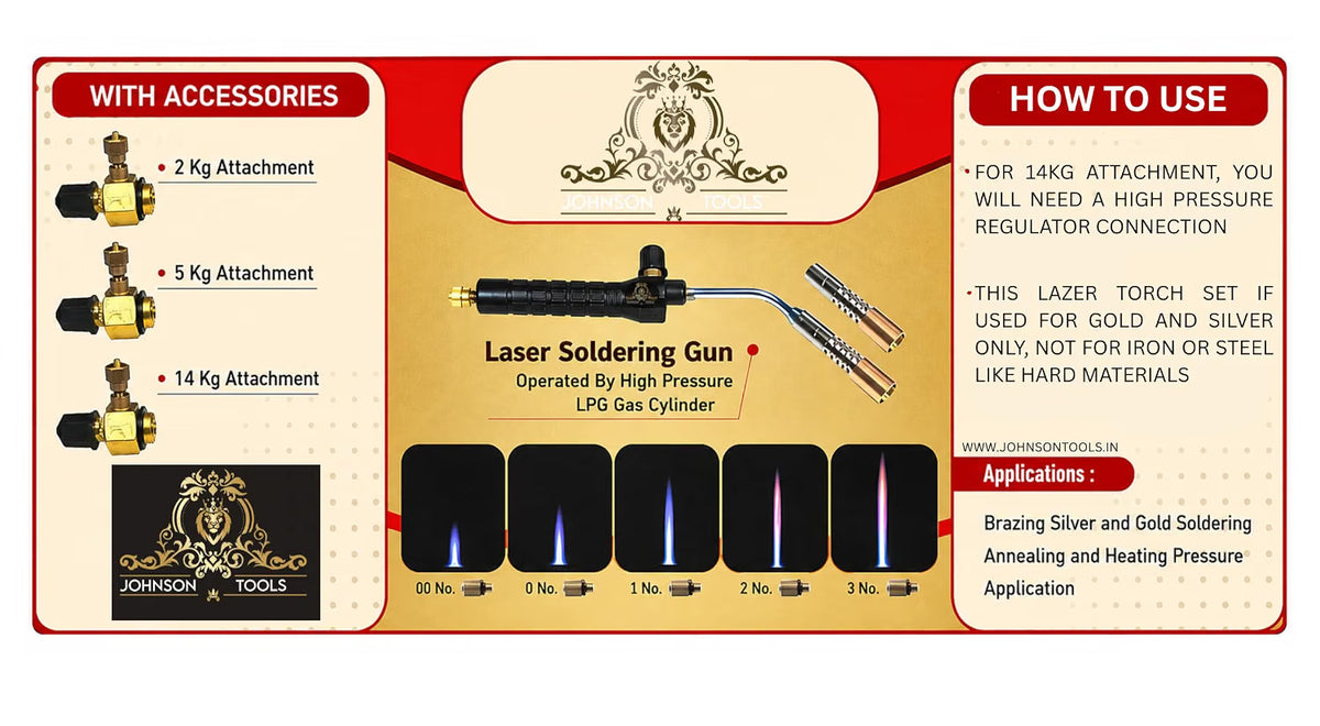 Johnson Tools Pin Point Soldering Mini Flamethrower Torch For Gold Jewellery Soldering, Repairing with 2 Attachments Can used with 2/5/14 kg LPG Cylinder