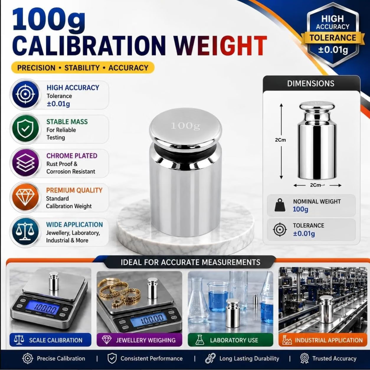 Johnson Tools 100WGT Iron 100gm Mster Calibration Weight Scale with Chrome Finish