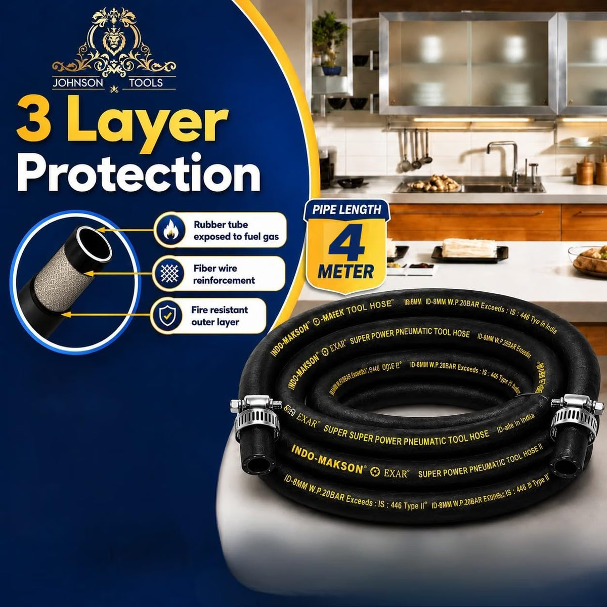 Johnson Tools Dunlup LPG Rubber Hose Gas Pipe (is Mark) for High Pressure Works (Not for Domestic Use)