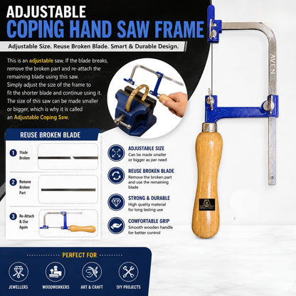 Johnson Tools Adjustable Coping Hand Saw with 120 Piece Blades For Gold and Silver and Other Art n Craft Use (75mm Inner Height), Hand powered