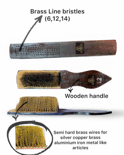 Johnson Tools Hard Wire Brass Brushes with 6 Line, 12Line, 14 Line Bristle for Silver Jewellery Cleaning and Washing (Set of 3 Pieces, Colour - Blue)