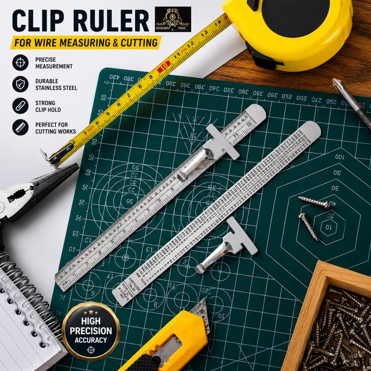 Johnson Tools Stainless Clip Ruler with Detachable Clip For Depth Gauge Metric and English Measurement Works, Size - 6" or 150mm