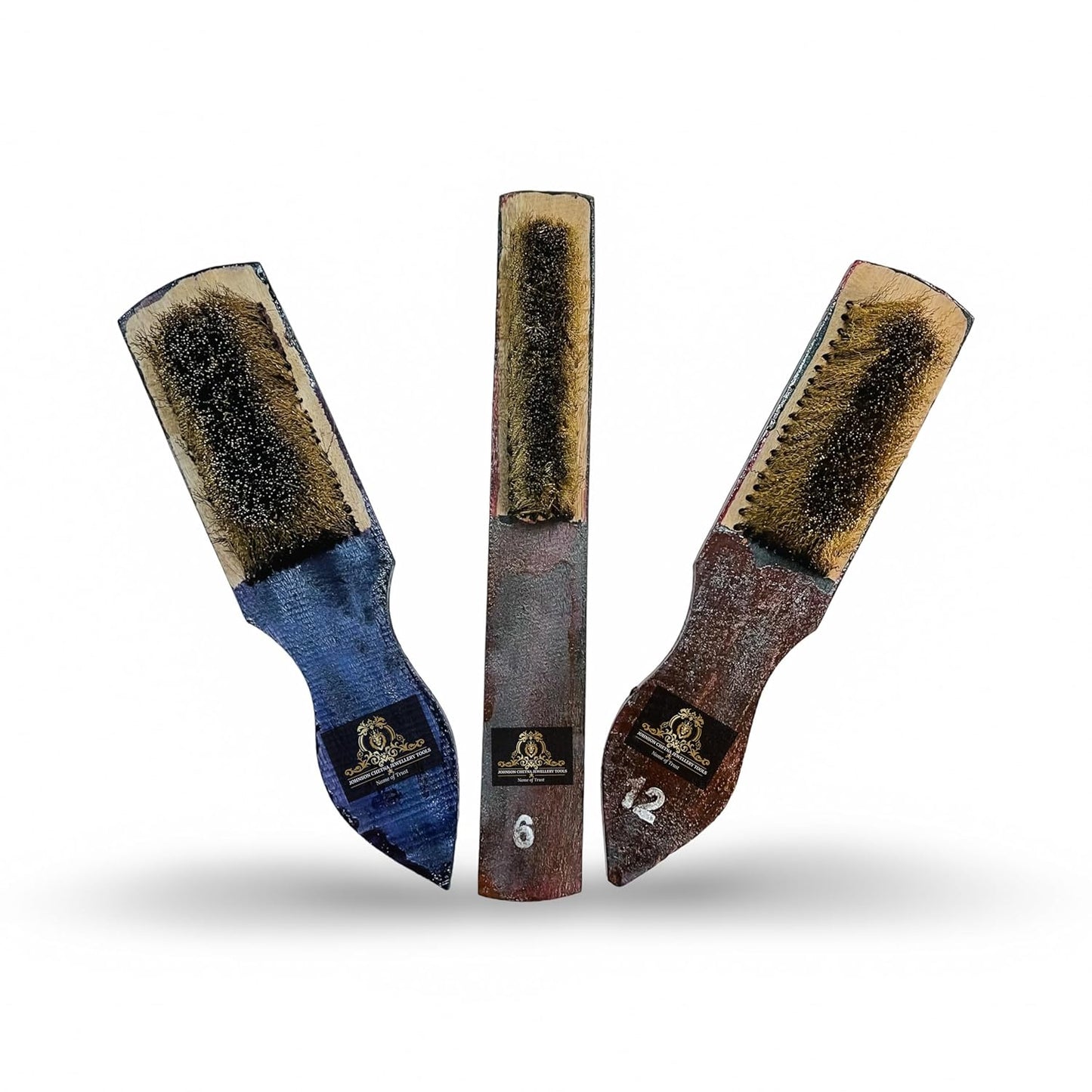 Johnson Tools Hard Wire Brass Brushes with 6 Line, 12Line, 14 Line Bristle for Silver Jewellery Cleaning and Washing (Set of 3 Pieces, Colour - Blue)