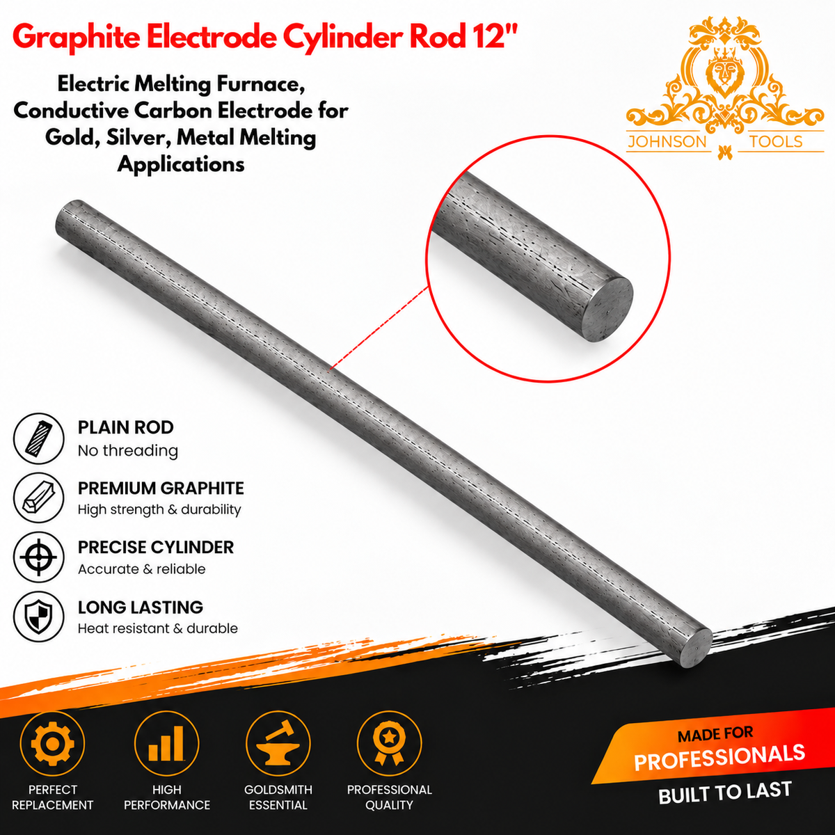Johnson Tools Graphite Crucible 12" Long Stir Rod For Melting Casting Refining Gold Silver Copper, Diameter 5/16"