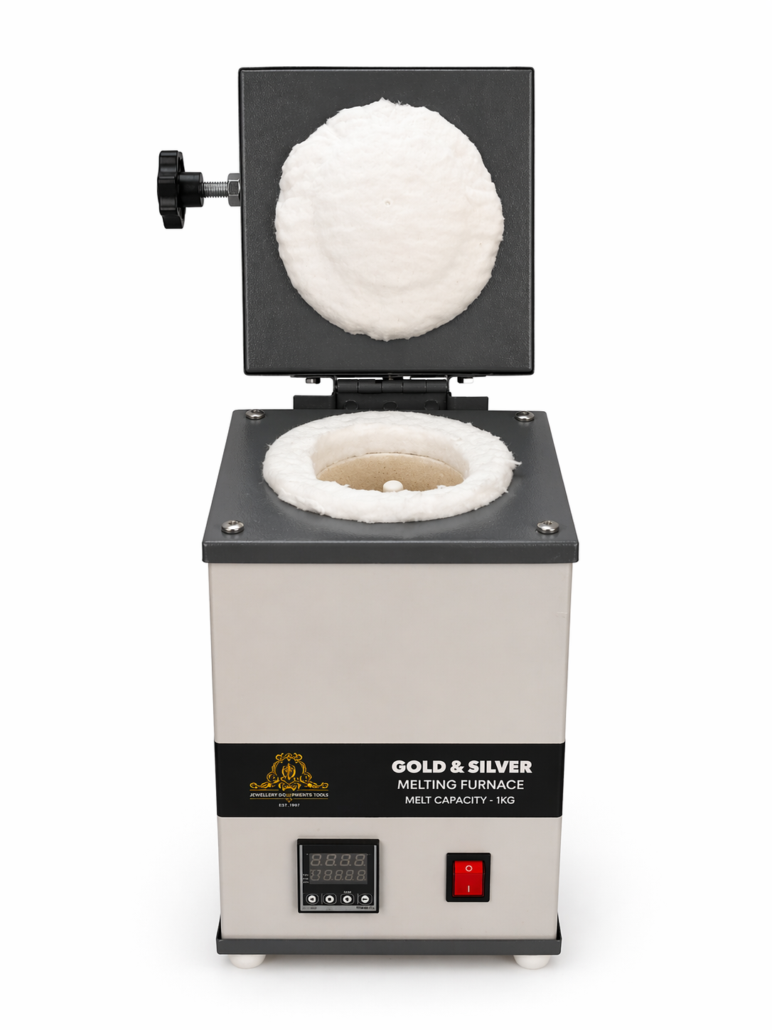 Johnson tools Iron Surya Gold & Silver Melting Furnace Machine for Jewellery (1kg Capacity, 900W, 220V, Fast Heating up to 1200°C, White-Black Color, Digital Temperature Controller)
