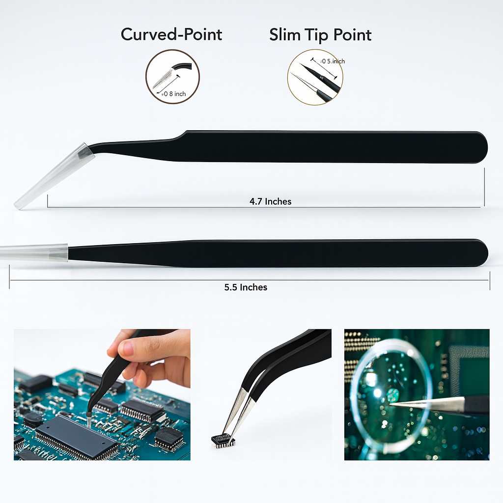 JOHNSON TOOLS Stainless Steel Straight and Curved Tips Tweezers/Forceps for Mobile, Gadget, Laptop and Jewelry Repair (Black) - Set of 2 Pieces