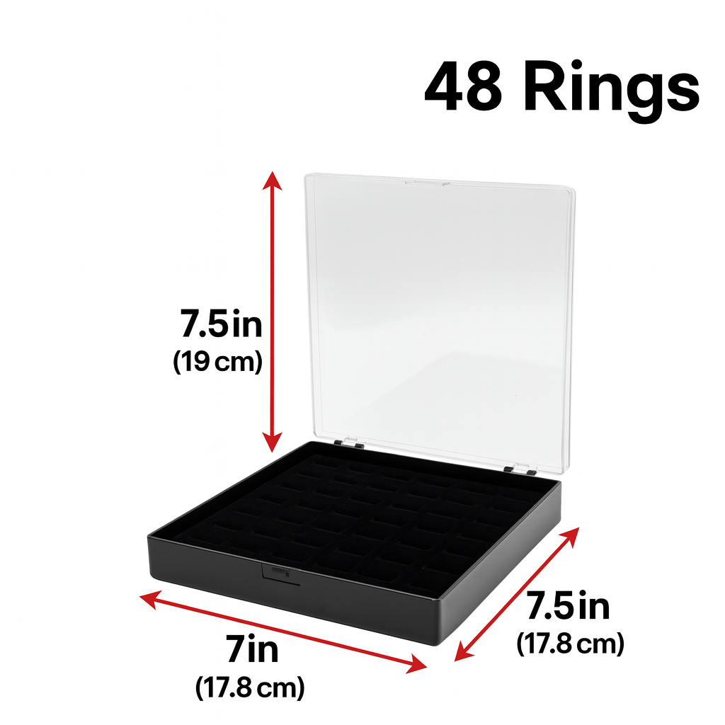Johnson Tools 48 Slots Ring Storage Organizer Box | Black Jewellery Display Case with Clear Lid | Velvet Ring Holder Tray for Gold, Silver, Gemstone Rings | Portable Jewellery Storage Box