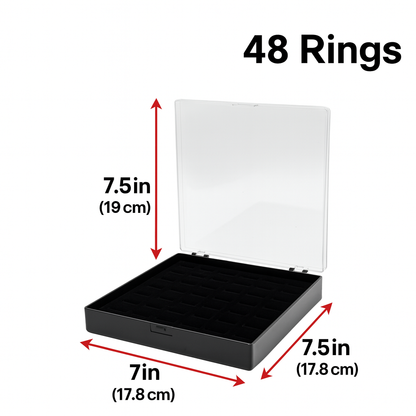 Johnson Tools 48 Slots Ring Storage Organizer Box | Black Jewellery Display Case with Clear Lid | Velvet Ring Holder Tray for Gold, Silver, Gemstone Rings | Portable Jewellery Storage Box