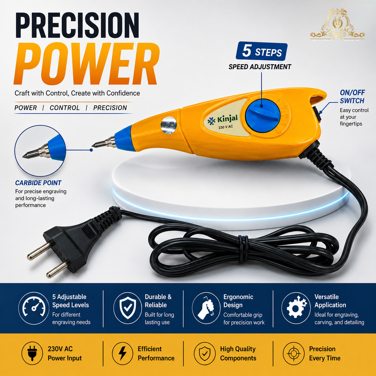Johnson Tools Kinjal 230 Volts Handy Electric Engraving Pen ABS Plastic Machine with 9 Step Stoke Vibration Adjustment (Color-Yellow)
