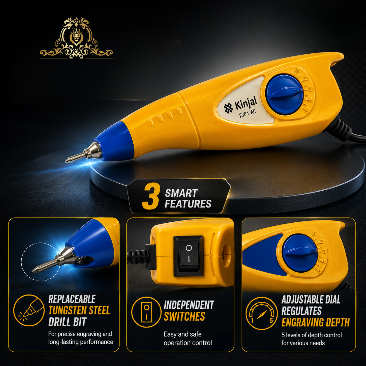 Johnson Tools Kinjal 230 Volts Handy Electric Engraving Pen ABS Plastic Machine with 9 Step Stoke Vibration Adjustment (Color-Yellow)