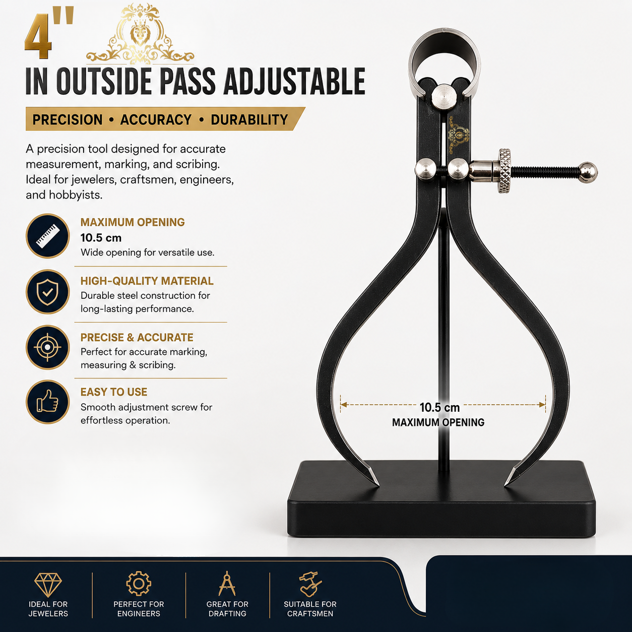 Johnson Tools Aven Spring Adjustable Outside Compass Divider 4" Fine Point Black Powder Coated Measuring for Jewellery Marking, Scribing, Craftsman, Architect, Artist, Carpenter, Model Making