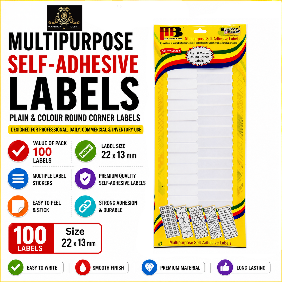 Johnson Tools Multipurpose Self Adhesive Labels for Jewellery, Any Product Labelling Works (Size 22X13mm, Pack of 100 Labels)