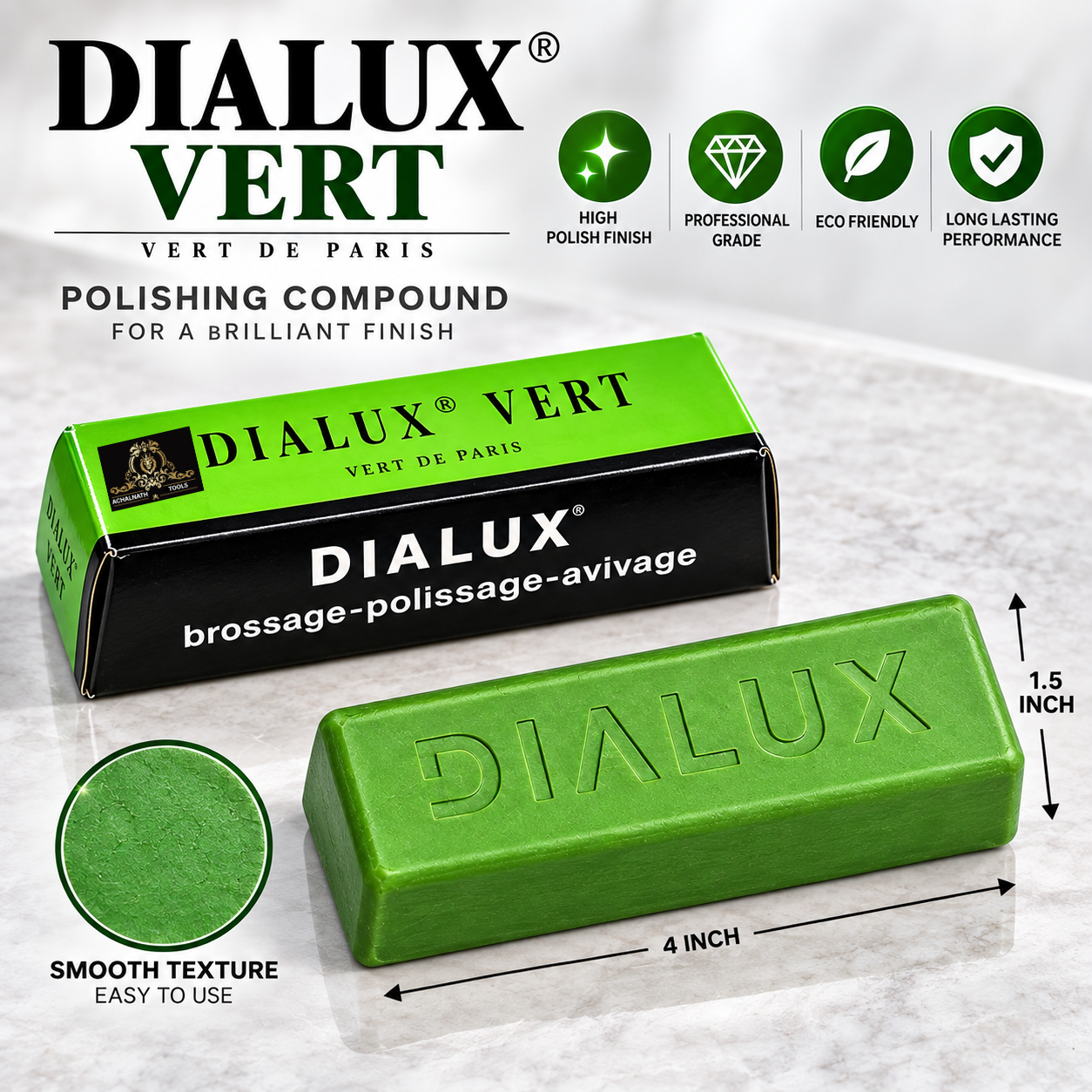 Johnson Tools Dialux Green High Polishing Rouge Bar used on White Gold, Platinum and Harder Metals for Final Polishing Process on Jewellery Making or Repair, Watchmaking, Model Making and Hobby Crafts