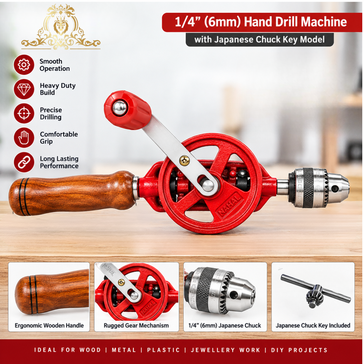 Johnson Tools Nahal 1/4'' Hand Drill Machine with Japanese Chuck Key Model (Color - Red and Black, Size - 6mm)