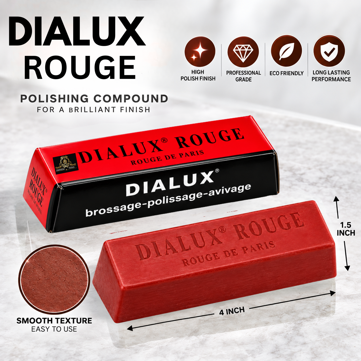Johnson Tools Dialux Red High Polishing Rouge Bar Used on Gold, Silver, Brass for High Mirror Finish Polishing on Jewellery Making and Repair, Watchmaking, Model Making, Hobby Crafts