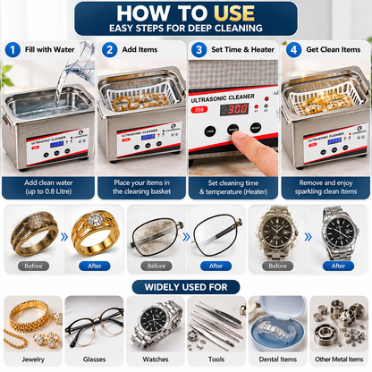 Johnson Tools Digital Pro 40kHz Ultrasonic Cleaner with Auto Digital Timer & Heater for Jewelry, Glasses & Watches Cleaner (0.8 Litre)