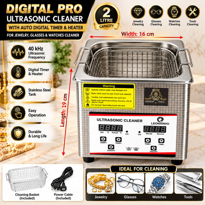 Johnson Tools Digital Pro 40kHz Ultrasonic Cleaner with Auto Digital Timer & Heater for Jewelry, Glasses & Watches Cleaner (2 Litre)