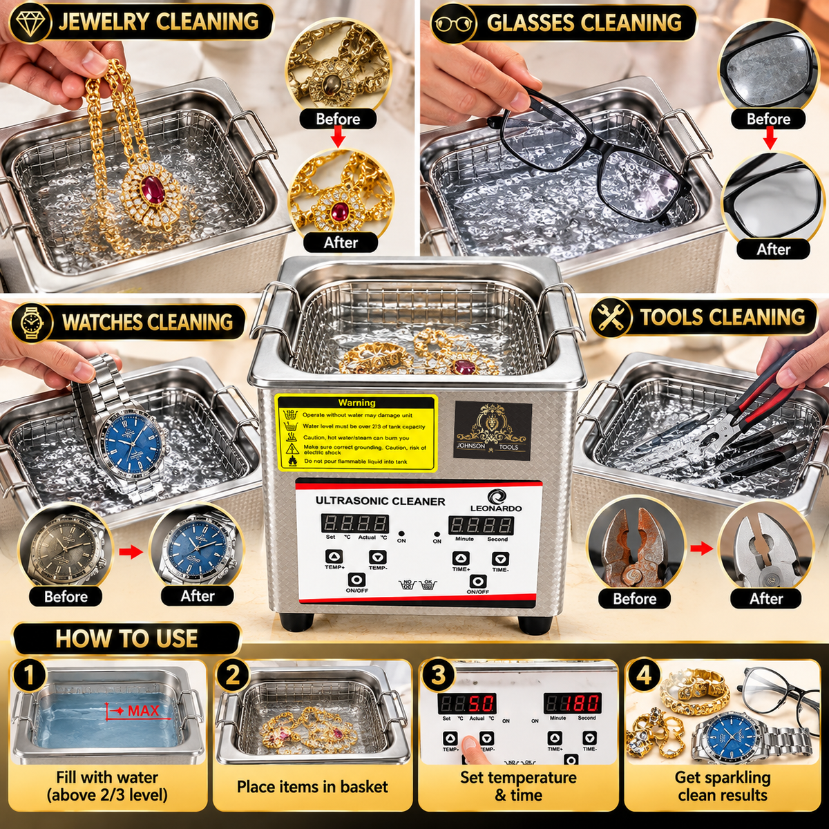 Johnson Tools Digital Pro 40kHz Ultrasonic Cleaner with Auto Digital Timer & Heater for Jewelry, Glasses & Watches Cleaner (2 Litre)