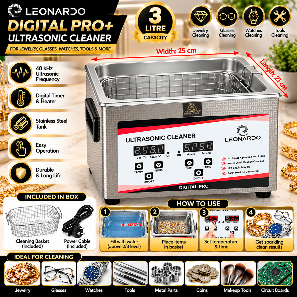 Johnson Tools Digital Pro 40kHz Ultrasonic Cleaner with Auto Digital Timer & Heater for Jewelry, Glasses & Watches Cleaner (3 Litre)