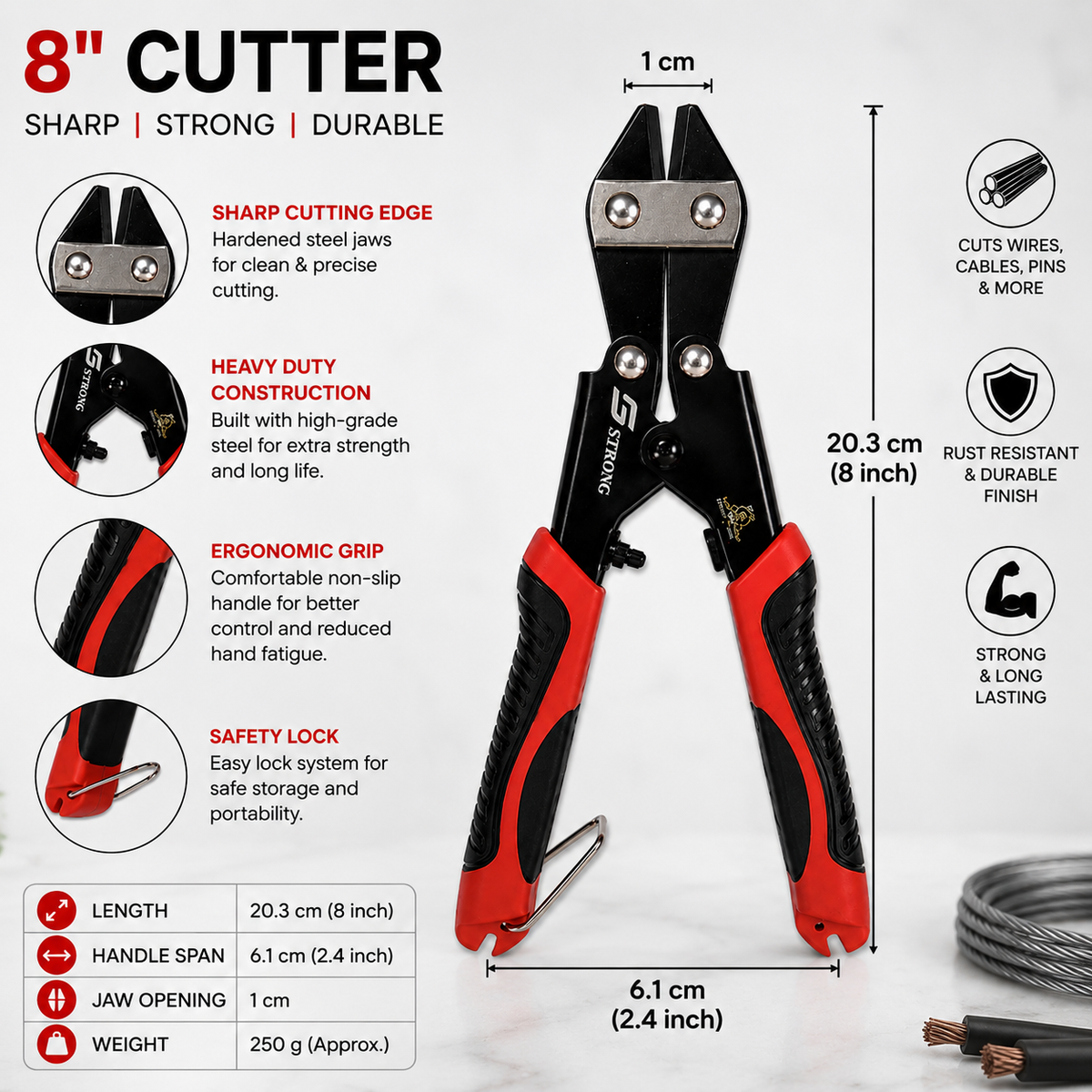 Johnson Tools Mini Bolt Cutter 8'' Heavy Duty Wire, Cable, Stripper Cutter Plier Crimper Shear Cutting Stripping Tool Pocket Size Black and Red