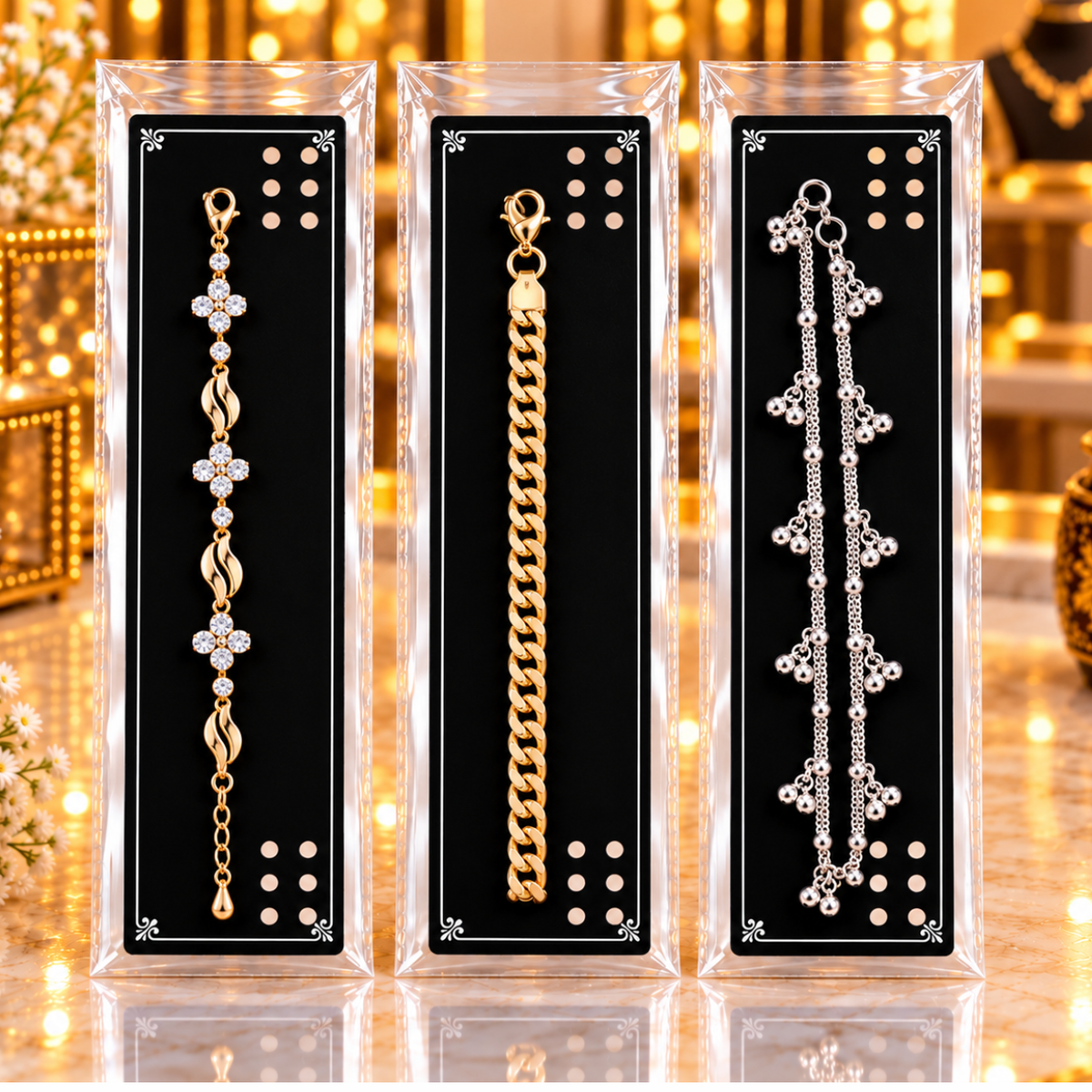 Johnson Tools C2P Black PVC Jewellery Packing Card with double Stick Zippe and Aluminium Clips for Payal Packaging (3 × 11.5 Inch)