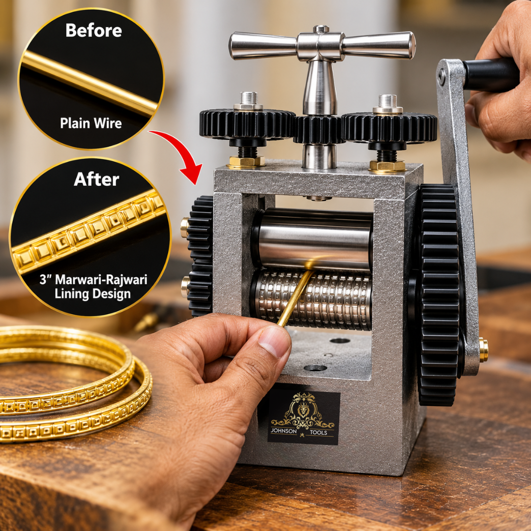 Johnson Tools 3" Marwari-Rajwari Lining Design Rolling Mill Machine, Jewellery Wire Pattern Roller for Gold and Silver, Hand-Operated Metal Design Tool