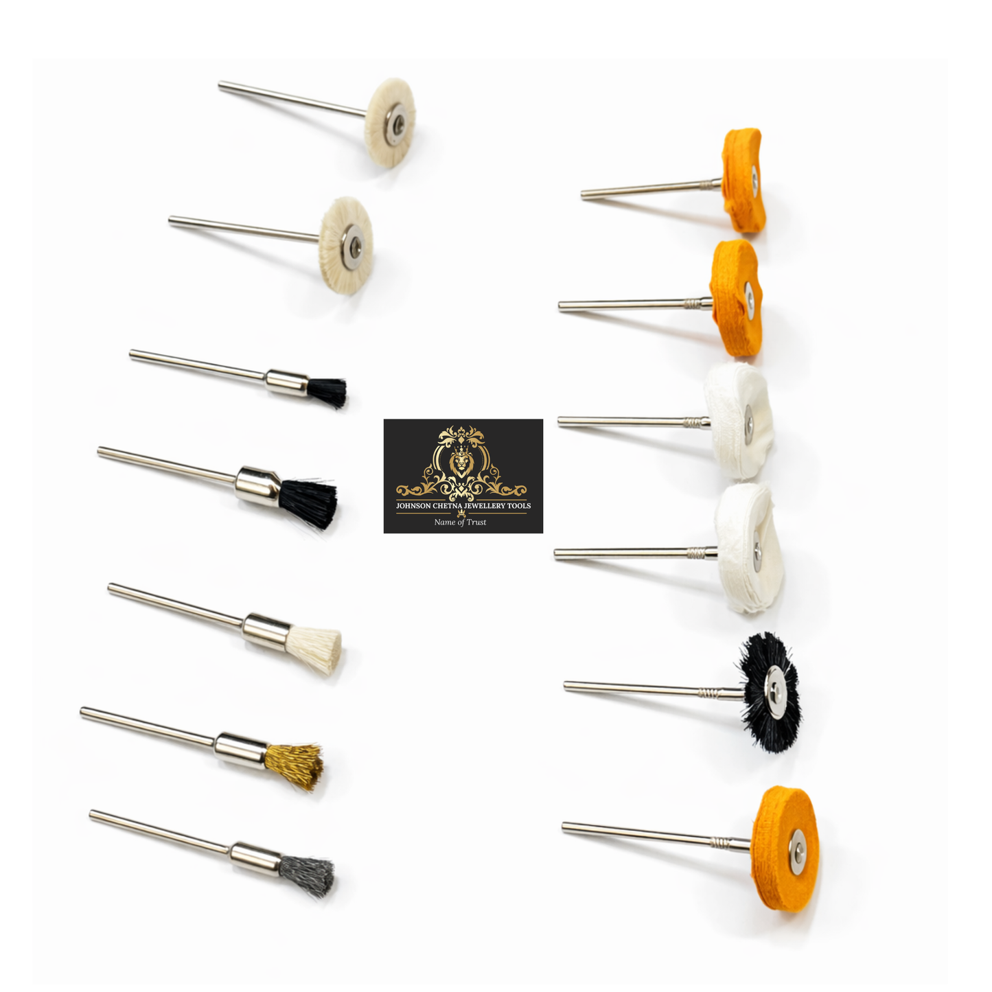 Johnson Tools Mini Buffing, Polishing and Cleaning Tools Set for Jewellery Making - Hair, Wire & Cloth Buffs for Gold & Silver Polishing | Minicraft Rotary Tool Accessories (Pack of 14)