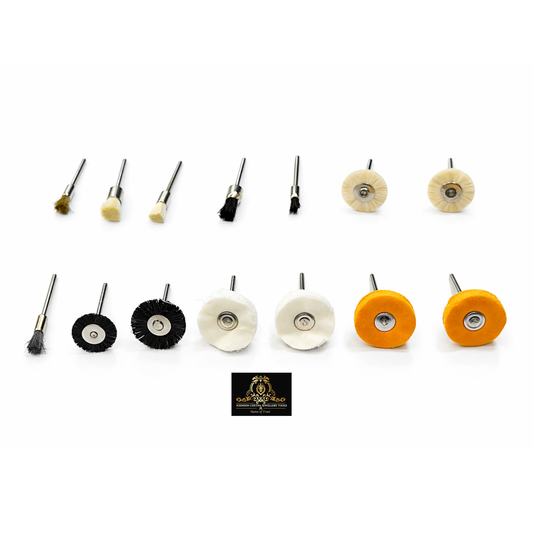 Johnson Tools Mini Buffing, Polishing and Cleaning Tools Set for Jewellery Making - Hair, Wire & Cloth Buffs for Gold & Silver Polishing | Minicraft Rotary Tool Accessories (Pack of 14)