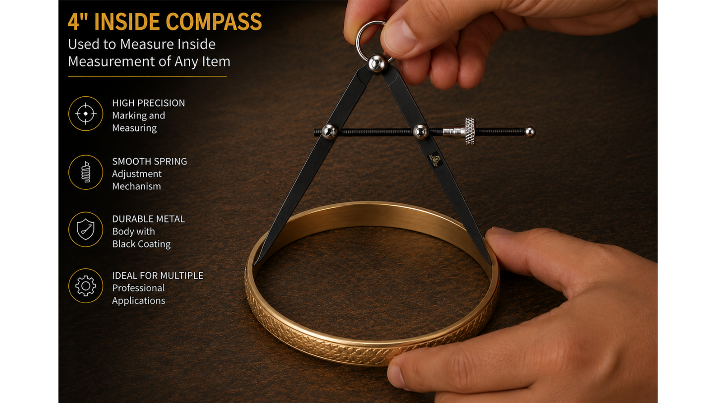 Johnson Tools Aven Spring Adjustable Inside Compass Divider 4" Fine Point Black Powder Coated Precision Measuring for Jewellery Marking, Scribing, Craftsman, Architect, Artist, Carpenter, Model Making