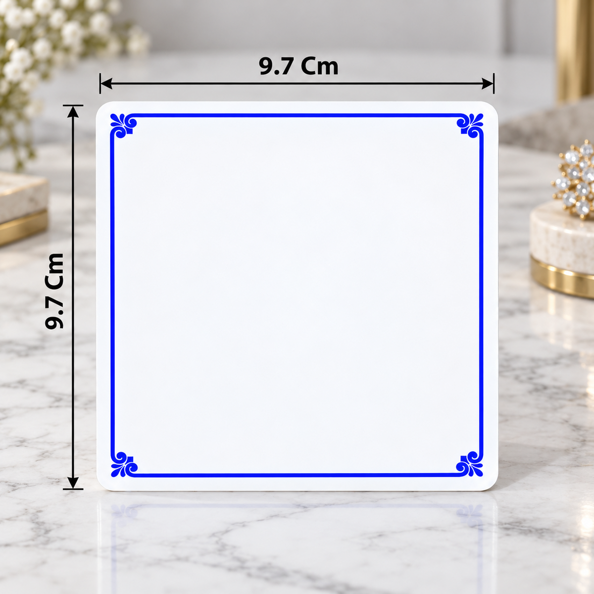 White PVC jewellery card with labelled dimensions 9.7 by 9.7 cm