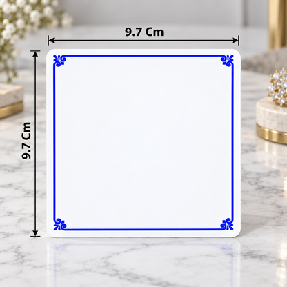 White PVC jewellery card with labelled dimensions 9.7 by 9.7 cm