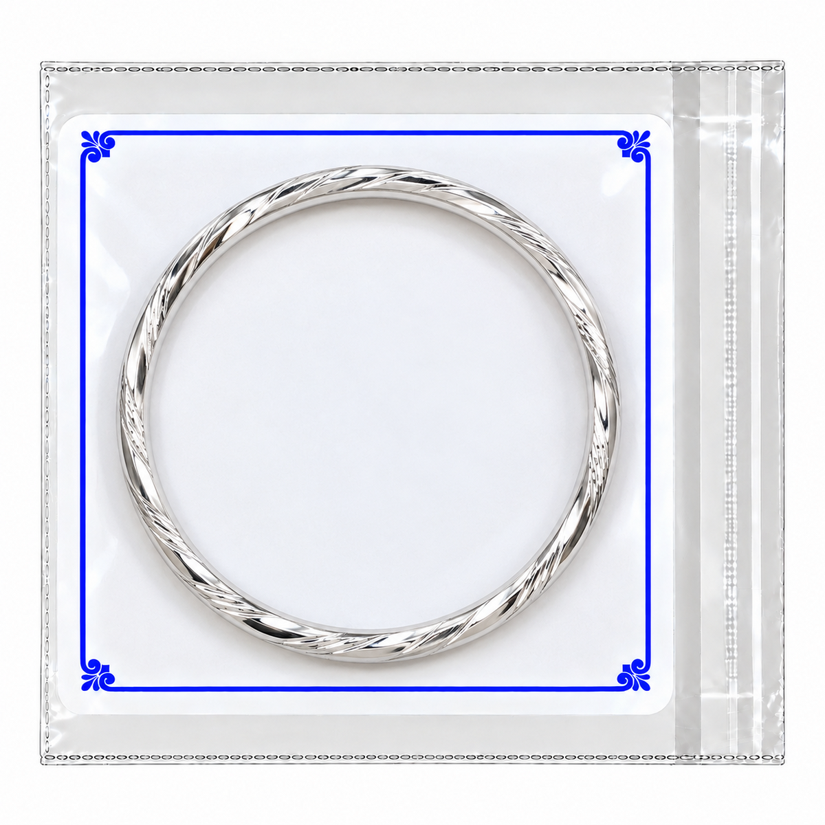 Men's silver kada shown on 9.7 cm square white PVC display card in transparent pouch