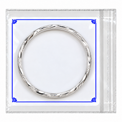 Men's silver kada shown on 9.7 cm square white PVC display card in transparent pouch