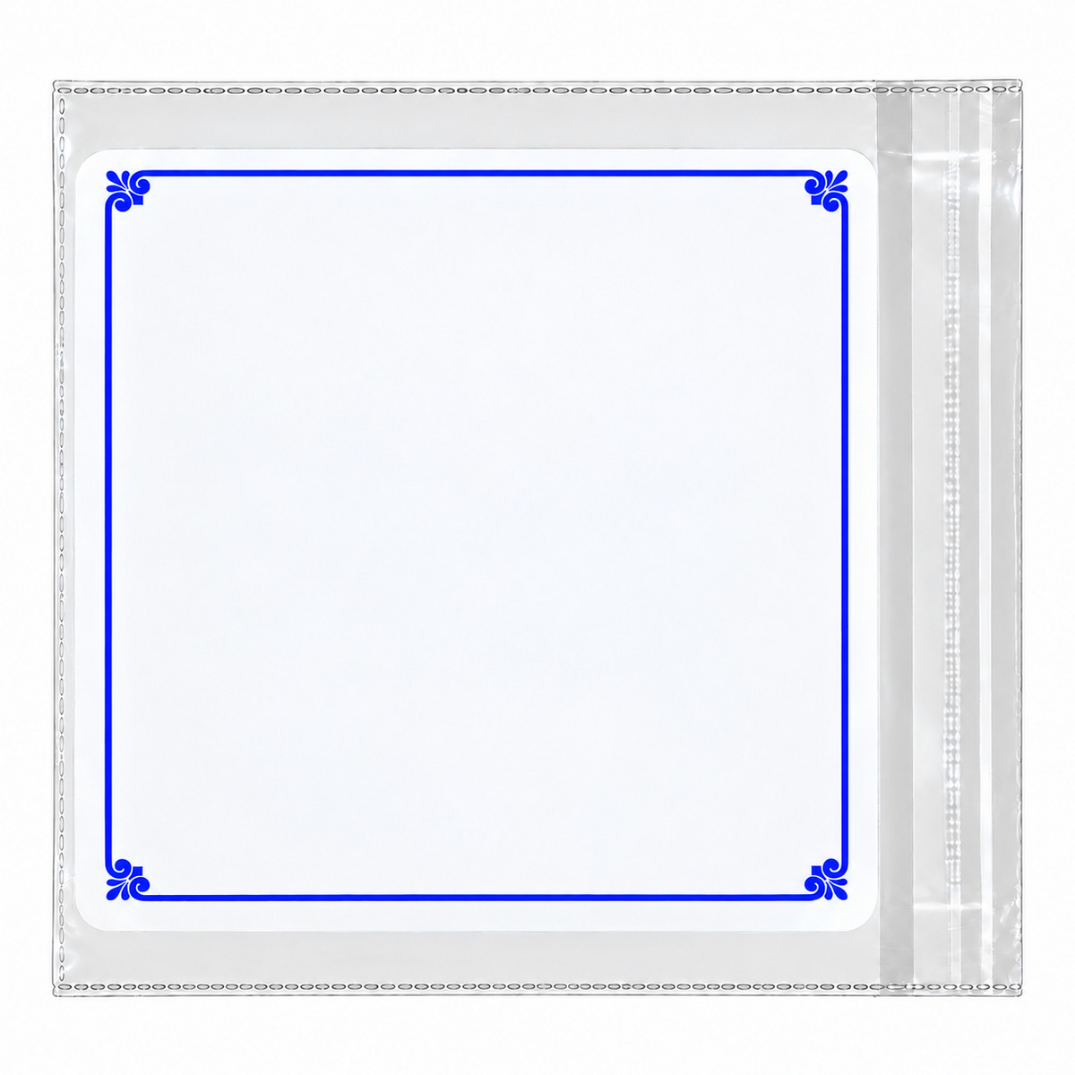 Empty square jewellery card with blue border and clear protective pouch