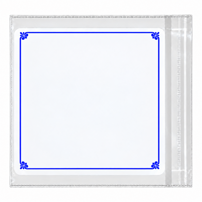Empty square jewellery card with blue border and clear protective pouch