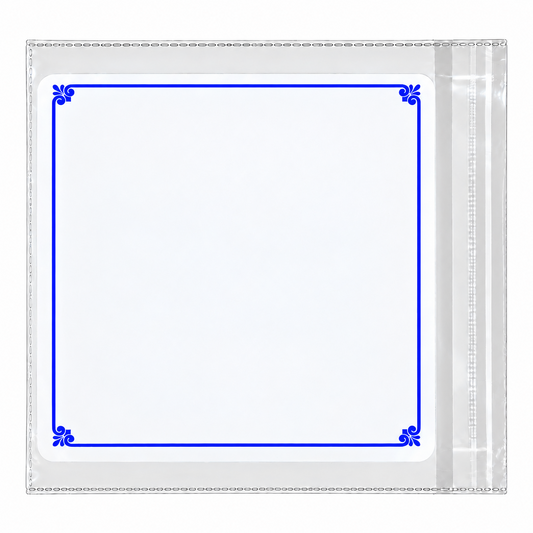 Empty square jewellery card with blue border and clear protective pouch