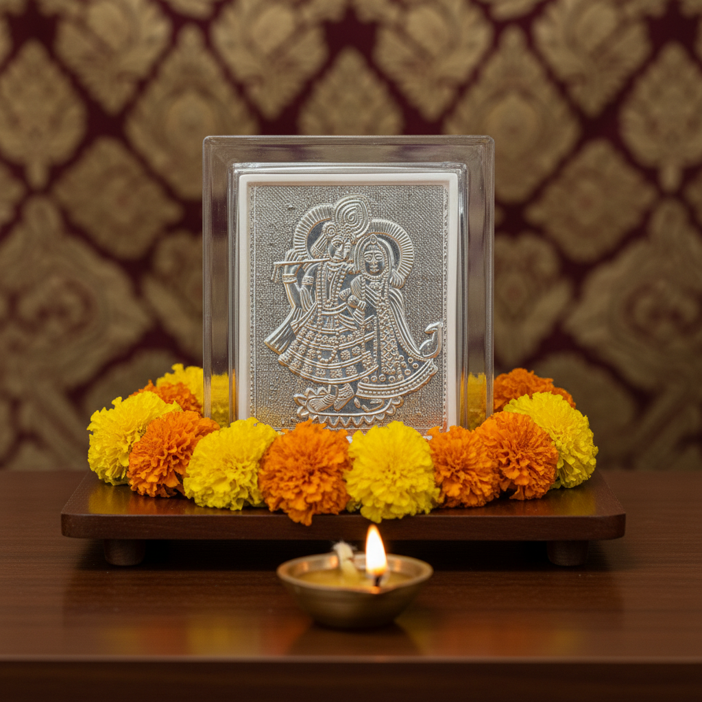 Johnson Tools Radha Krishna ji Silver Finish Photo Frame Stand (1no) For Gifting, Display Uses