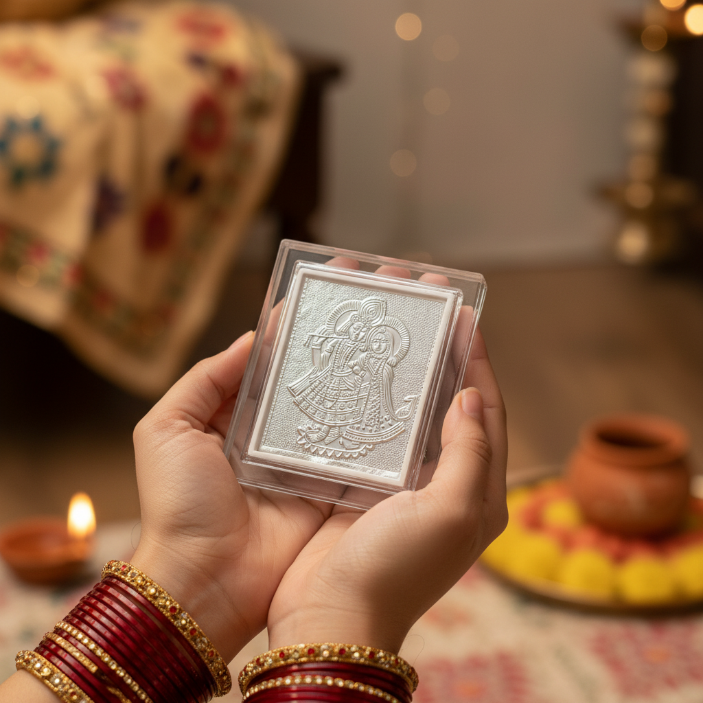 Johnson Tools Radha Krishna ji Silver Finish Photo Frame Stand (1no) For Gifting, Display Uses