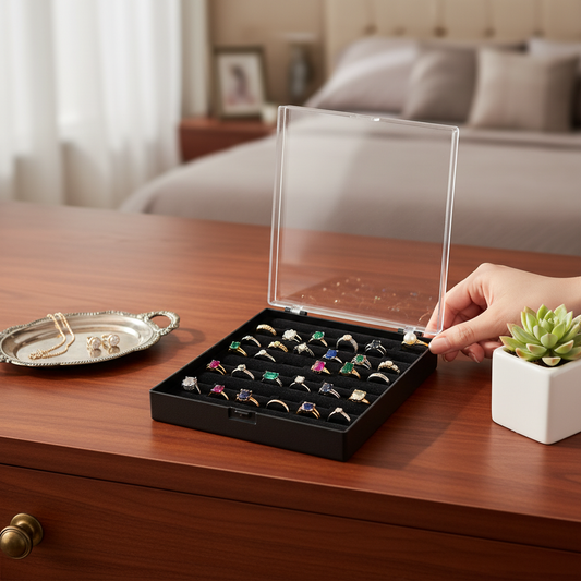 Johnson Tools 48 Slots Ring Storage Organizer Box | Black Jewellery Display Case with Clear Lid | Velvet Ring Holder Tray for Gold, Silver, Gemstone Rings | Portable Jewellery Storage Box