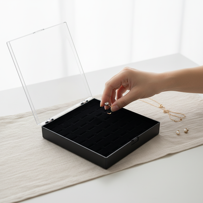 Johnson Tools 48 Slots Ring Storage Organizer Box | Black Jewellery Display Case with Clear Lid | Velvet Ring Holder Tray for Gold, Silver, Gemstone Rings | Portable Jewellery Storage Box