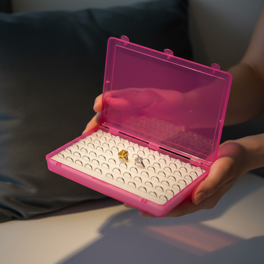 Johnson Tools Pink 100 Slots Ring Storage Plastic Box with Foam for Rings, Bichiya, Portable Jewellery Display & Organizer Box