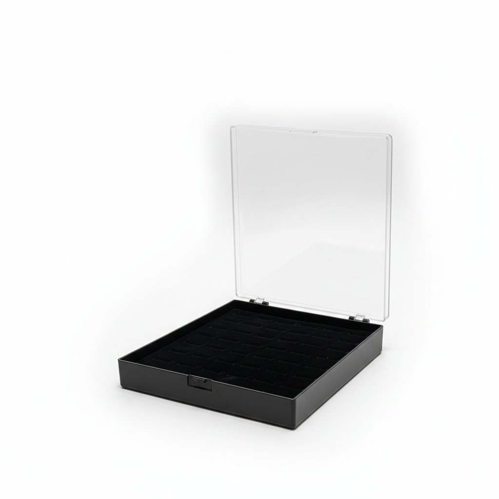 Johnson Tools 48 Slots Ring Storage Organizer Box | Black Jewellery Display Case with Clear Lid | Velvet Ring Holder Tray for Gold, Silver, Gemstone Rings | Portable Jewellery Storage Box