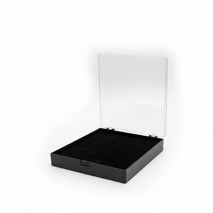 Johnson Tools 48 Slots Ring Storage Organizer Box | Black Jewellery Display Case with Clear Lid | Velvet Ring Holder Tray for Gold, Silver, Gemstone Rings | Portable Jewellery Storage Box