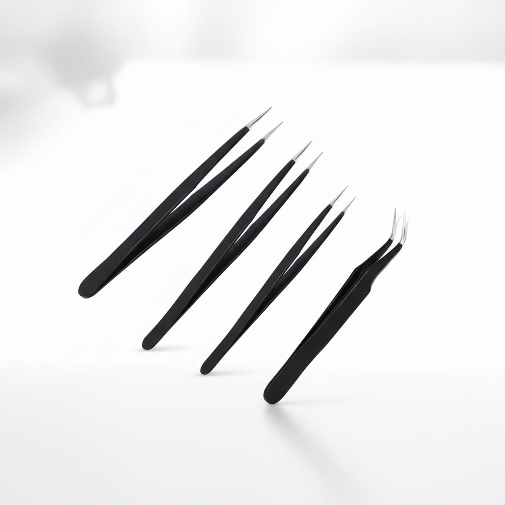 Johnson Tools Set of Straight and Curved Tips Stainless Steel Powder Coated Tweezers for Mobile,Gadget,Laptop and Jewelry Repair (Set of 4 Pieces)