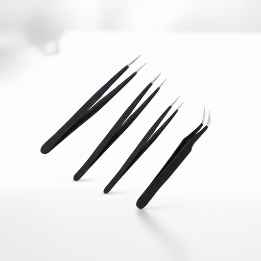 Johnson Tools Set of Straight and Curved Tips Stainless Steel Powder Coated Tweezers for Mobile,Gadget,Laptop and Jewelry Repair (Set of 4 Pieces)