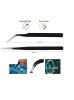 Johnson Tools Non Magnetic Stainless Steel Straight and Curved Tips Tweezers for Mobile, Gadget, Laptop and Jewelry Repair (Black) - Set of 10 Pieces