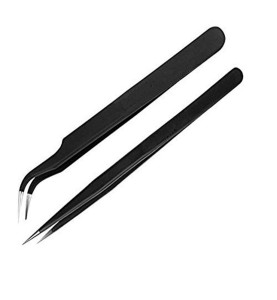 Johnson Tools Stainless Steel Straight and Curved Tips Tweezers for Mobile, Gadget, Laptop and Jewelry Repair (Black) - Set of 2 Pieces